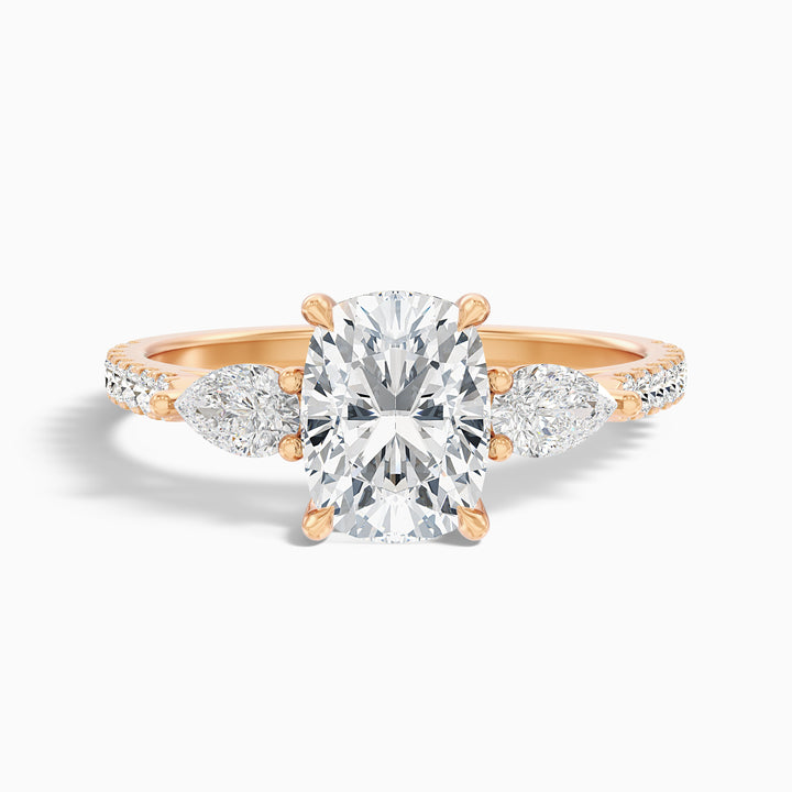 Ivana 1.5 Carat Three Stone Pave Ring with Pear Side Stones and an Elongated Cushion Lab Grown Diamond in 925 Sterling Silver