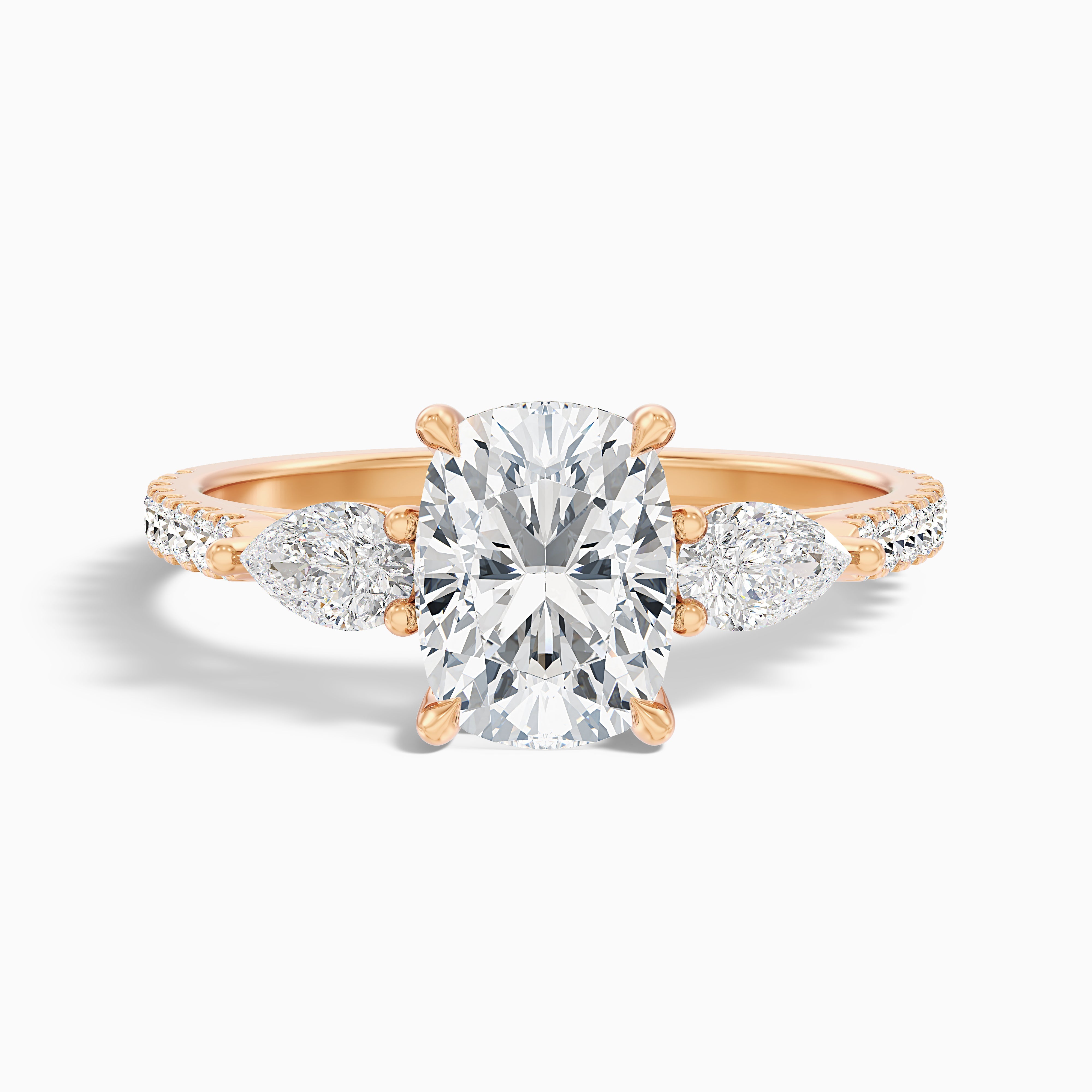 Ivana 1 Carat Three Stone Pave Ring with Pear Side Stones and an Elongated Cushion Lab Grown Diamond in 10k Rose Gold