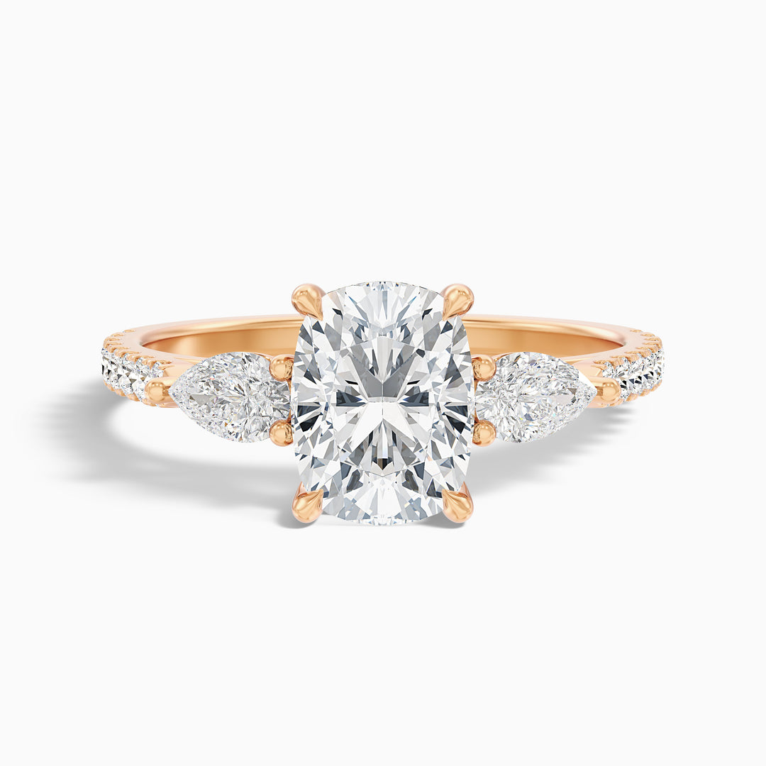 Ivana 1 Carat Three Stone Pave Ring with Pear Side Stones and an Elongated Cushion Lab Grown Diamond in 10k Yellow Gold