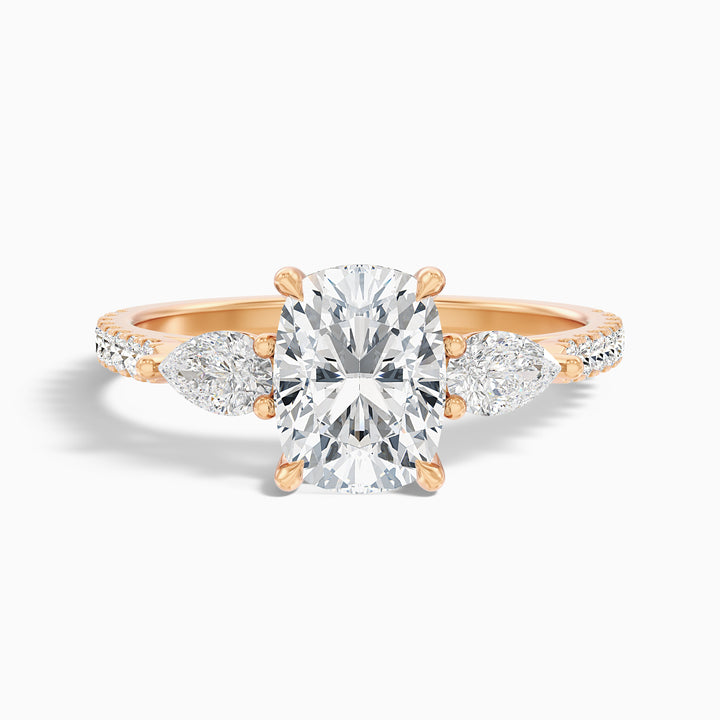Ivana 1 Carat Three Stone Pave Ring with Pear Side Stones and an Elongated Cushion Lab Grown Diamond in 10k Yellow Gold