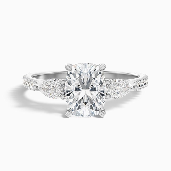 Ivana 3 Carat Three Stone Pave Ring with Pear Side Stones and an Elongated Cushion Moissanite Diamond in 10k White Gold