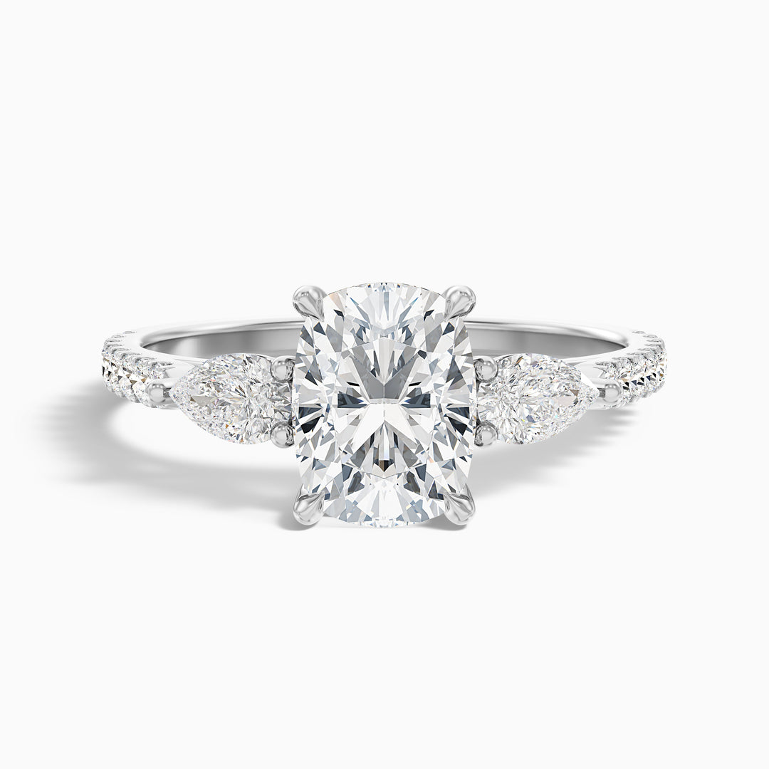 Ivana 1.5 Carat Three Stone Pave Ring with Pear Side Stones and an Elongated Cushion Lab Grown Diamond in 925 Sterling Silver