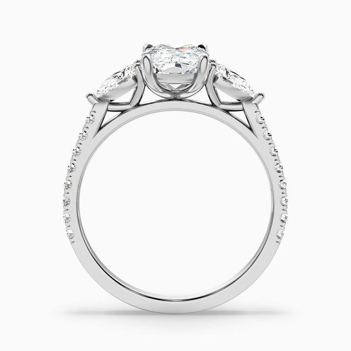 Ivana 3 Carat Three Stone Pave Ring with Pear Side Stones and an Elongated Cushion Moissanite Diamond in 10k White Gold