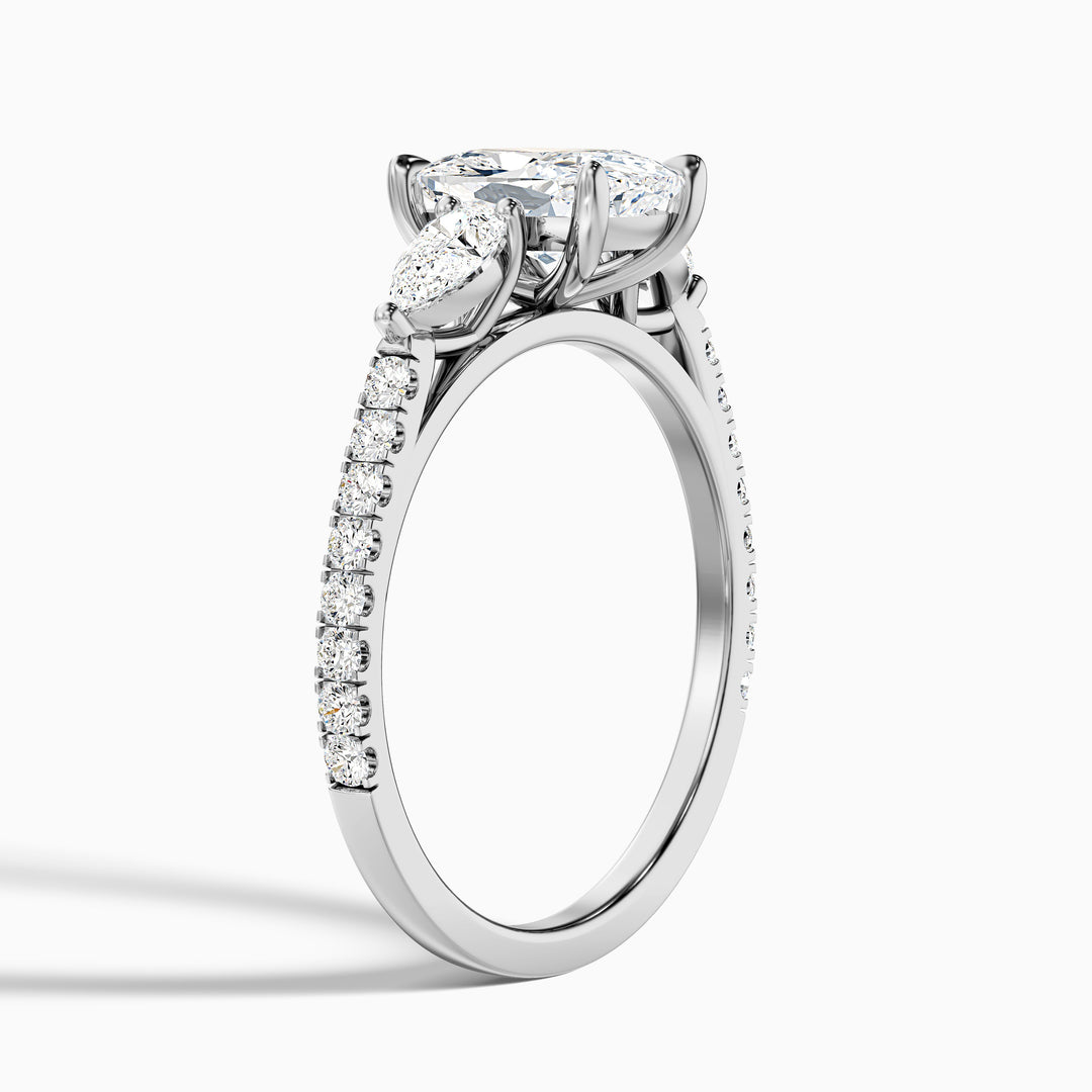 Ivana 3 Carat Three Stone Pave Ring with Pear Side Stones and an Elongated Cushion Moissanite Diamond in 10k White Gold