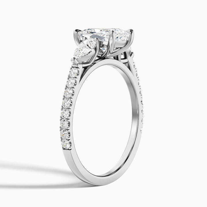 Ivana 1.5 Carat Three Stone Pave Ring with Pear Side Stones and an Elongated Cushion Lab Grown Diamond in 925 Sterling Silver