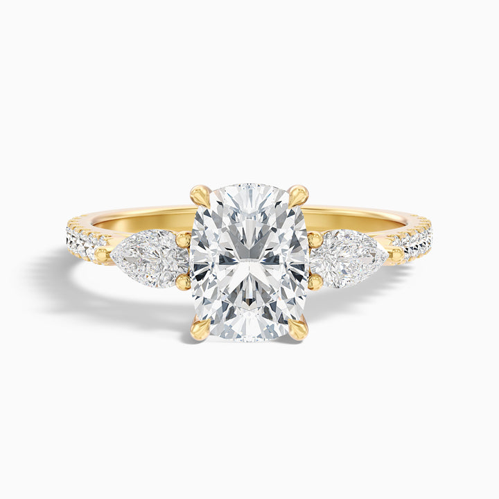Ivana 1 Carat Three Stone Pave Ring with Pear Side Stones and an Elongated Cushion Lab Grown Diamond in 10k Yellow Gold