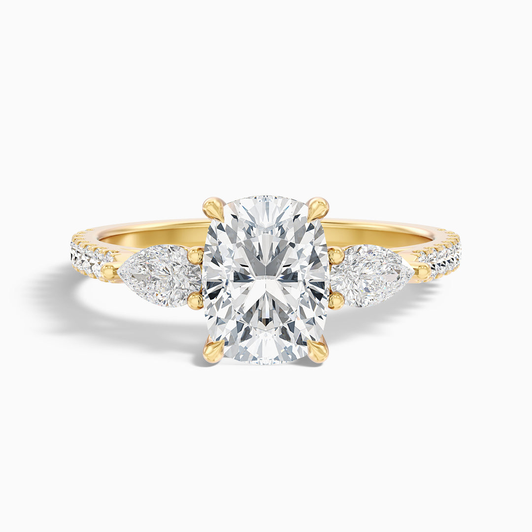 Ivana 3 Carat Three Stone Pave Ring with Pear Side Stones and an Elongated Cushion Moissanite Diamond in 10k White Gold