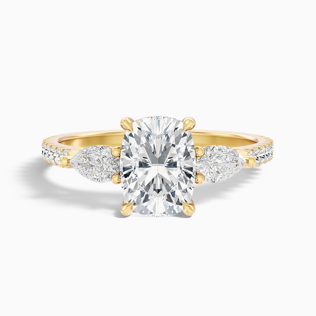 Ivana 1.5 Carat Three Stone Pave Ring with Pear Side Stones and an Elongated Cushion Lab Grown Diamond in 925 Sterling Silver