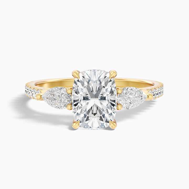 Ivana 1.5 Carat Three Stone Pave Ring with Pear Side Stones and an Elongated Cushion Lab Grown Diamond in 925 Sterling Silver