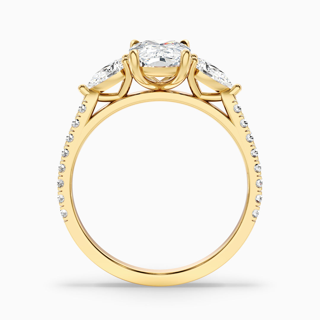 Ivana 1 Carat Three Stone Pave Ring with Pear Side Stones and an Elongated Cushion Lab Grown Diamond in 10k Yellow Gold