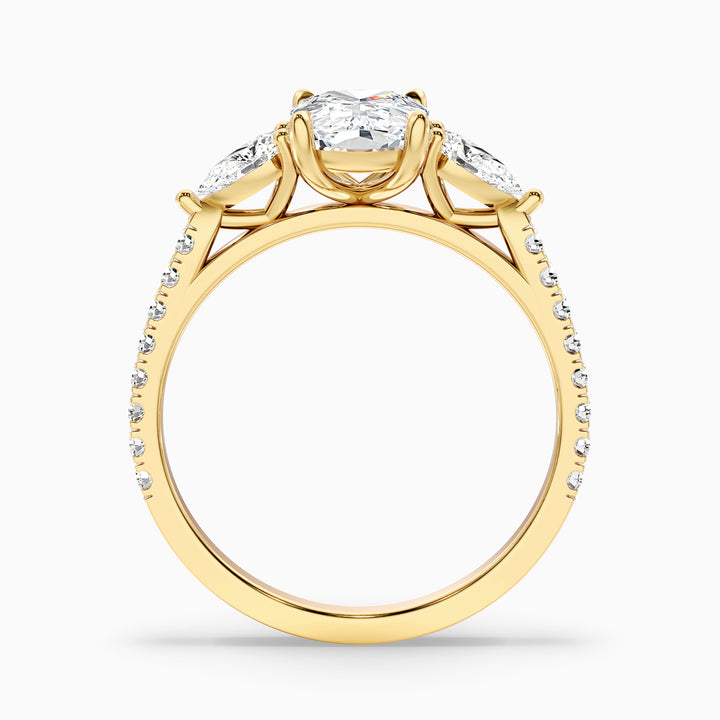 Ivana 1 Carat Three Stone Pave Ring with Pear Side Stones and an Elongated Cushion Lab Grown Diamond in 10k Yellow Gold