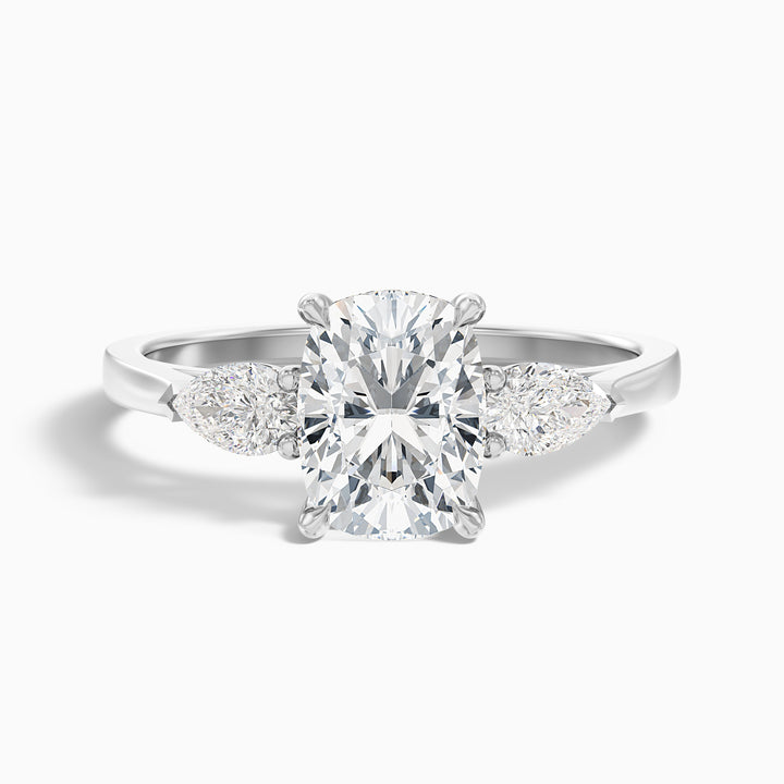 Haley 1 Carat Three Stone Ring with Pear Side Stones and an Elongated Cushion Moissanite Diamond in 10k White Gold