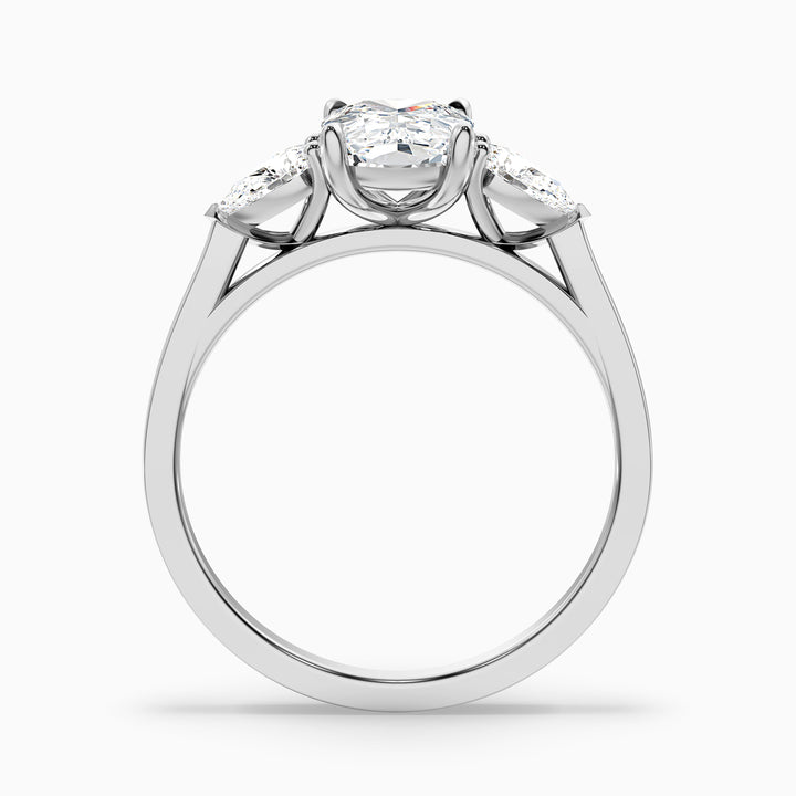 Haley 3 Carat Three Stone Ring with Pear Side Stones and an Elongated Cushion Moissanite Diamond in 10k White Gold