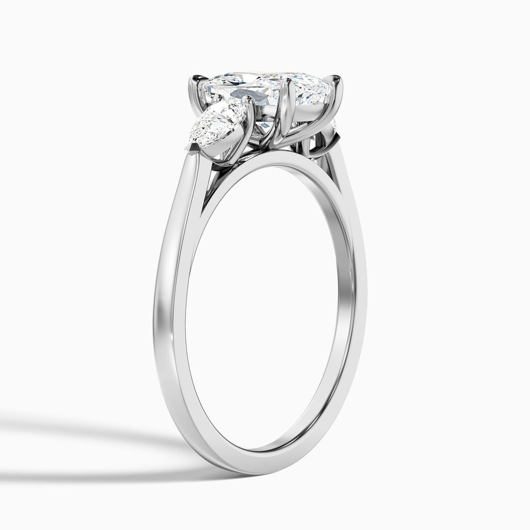 Haley 2.5 Carat Three Stone Ring with Pear Side Stones and an Elongated Cushion Lab Grown Diamond in 925 Sterling Silver