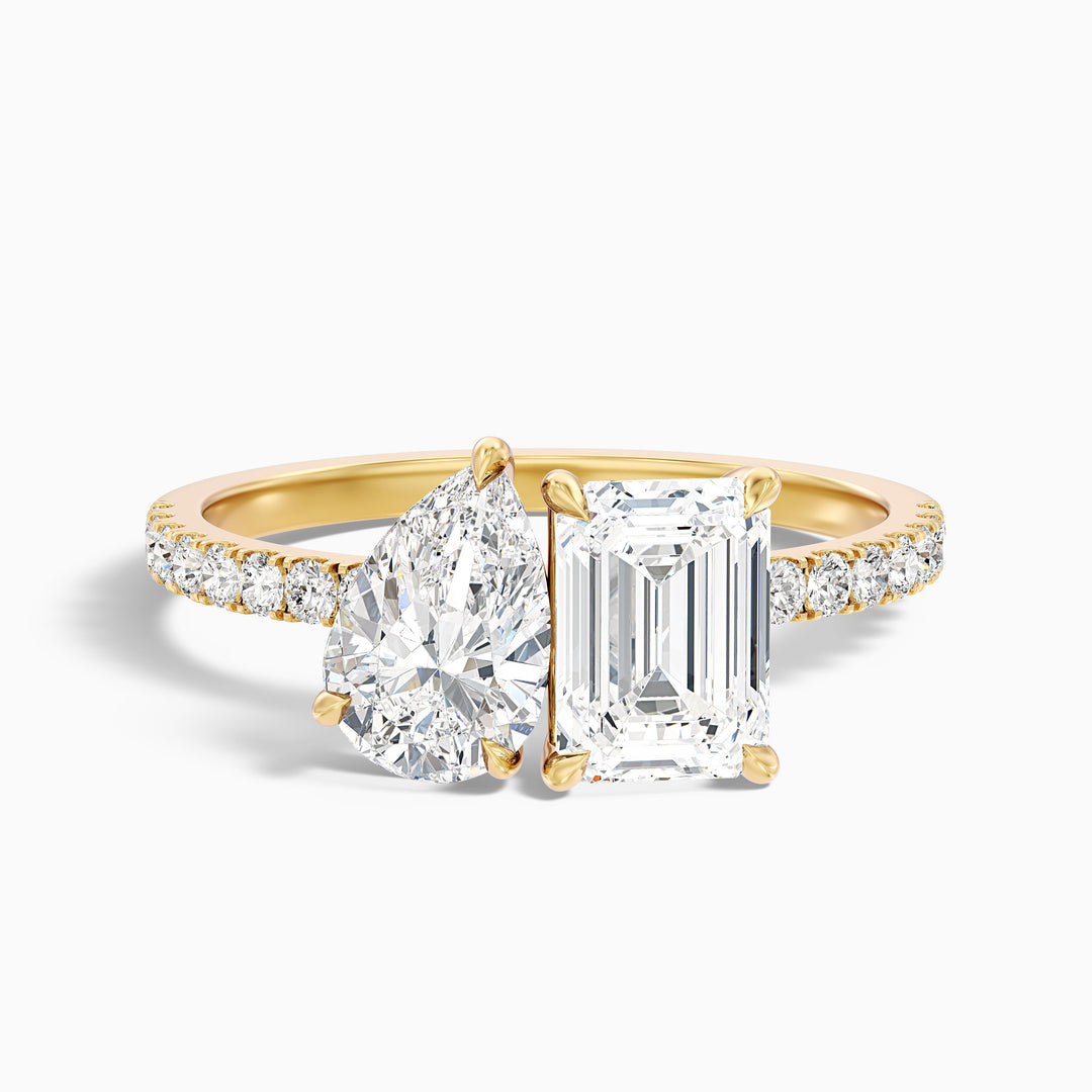 ainsy 1 carat toi et moi pave ring in 10k yellow gold with pear and emerald lab grown diamond - Front View