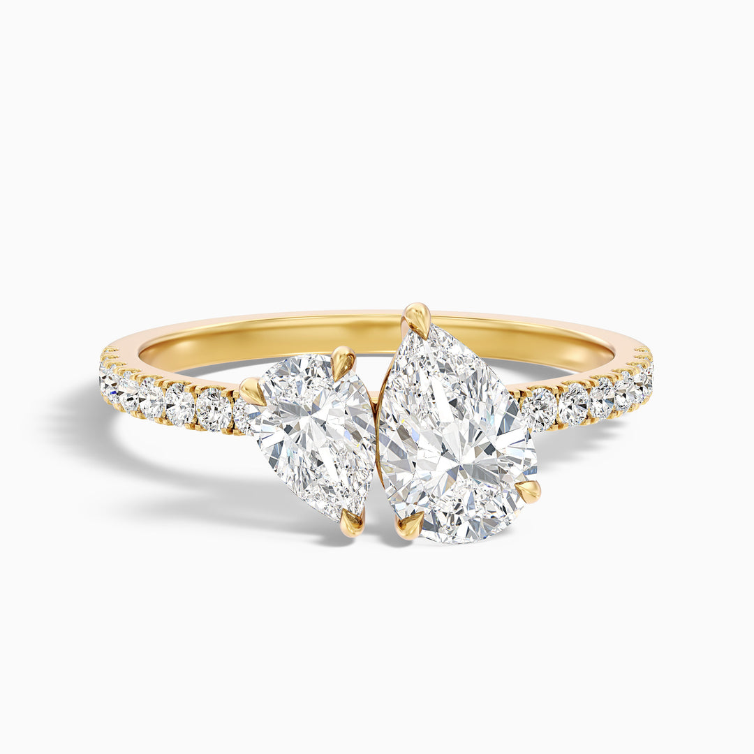 andie 1 carat toi et moi pave ring in 10k yellow gold with both pear two stone lab grown diamond - Front View