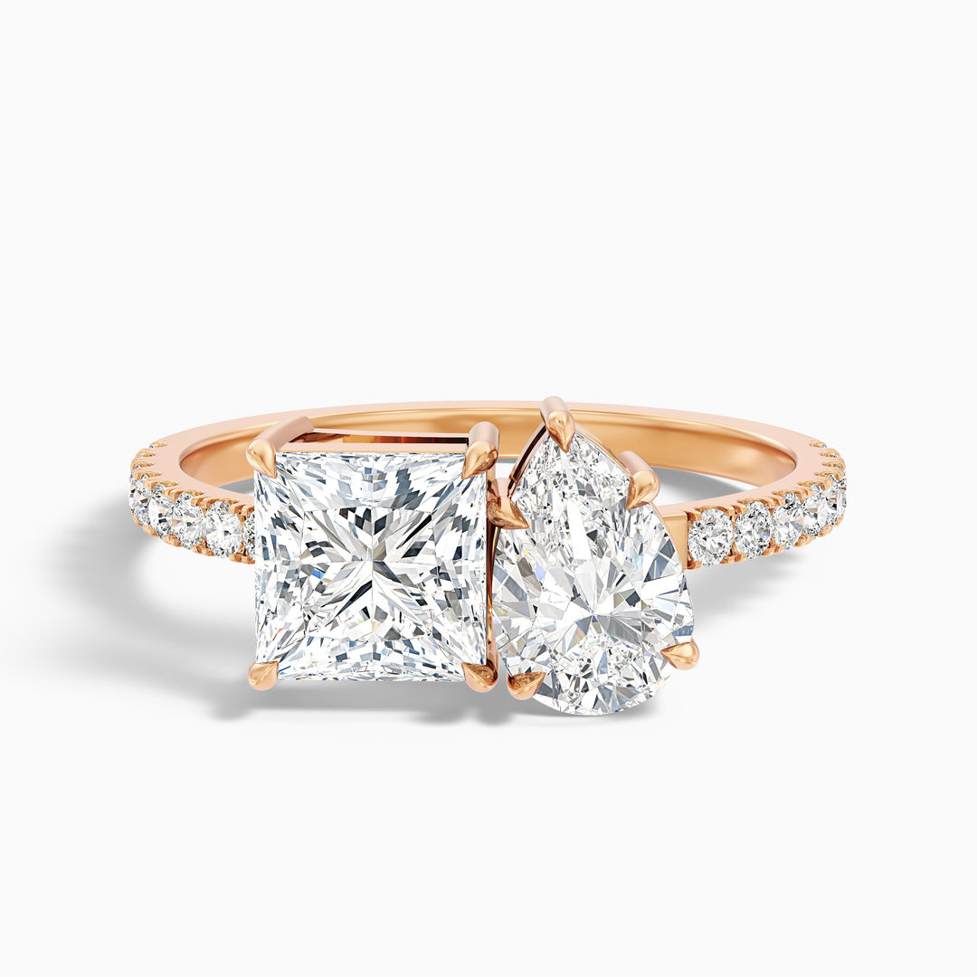 anyla 3 carat toi et moi pave ring in 925 sterling silver with princess and pear two stone lab grown diamond - Front View