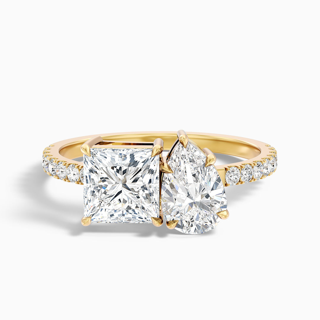 anyla 1 carat toi et moi pave ring in 10k yellow gold with princess and pear two stone lab grown diamond - Front View