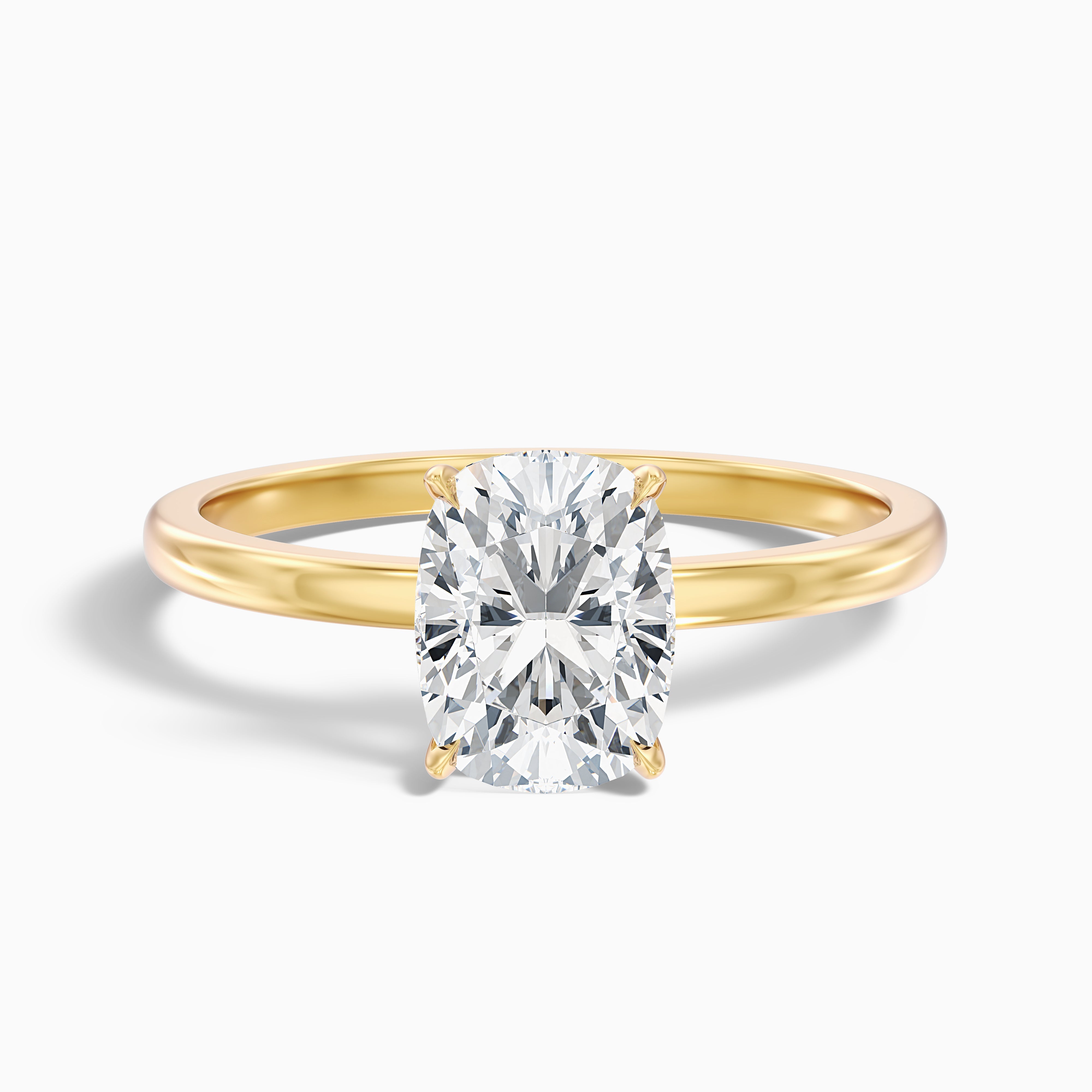Crina 2 Carat Elongated Cushion Low Profile Solitaire Lab Grown Diamond Ring in 14k Yellow Gold
