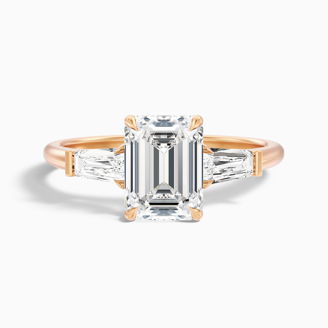 Huma 4 Carat Emerald Cut Moissanite 3 Stone Engagement Ring with Baguette in 10k Yellow Gold