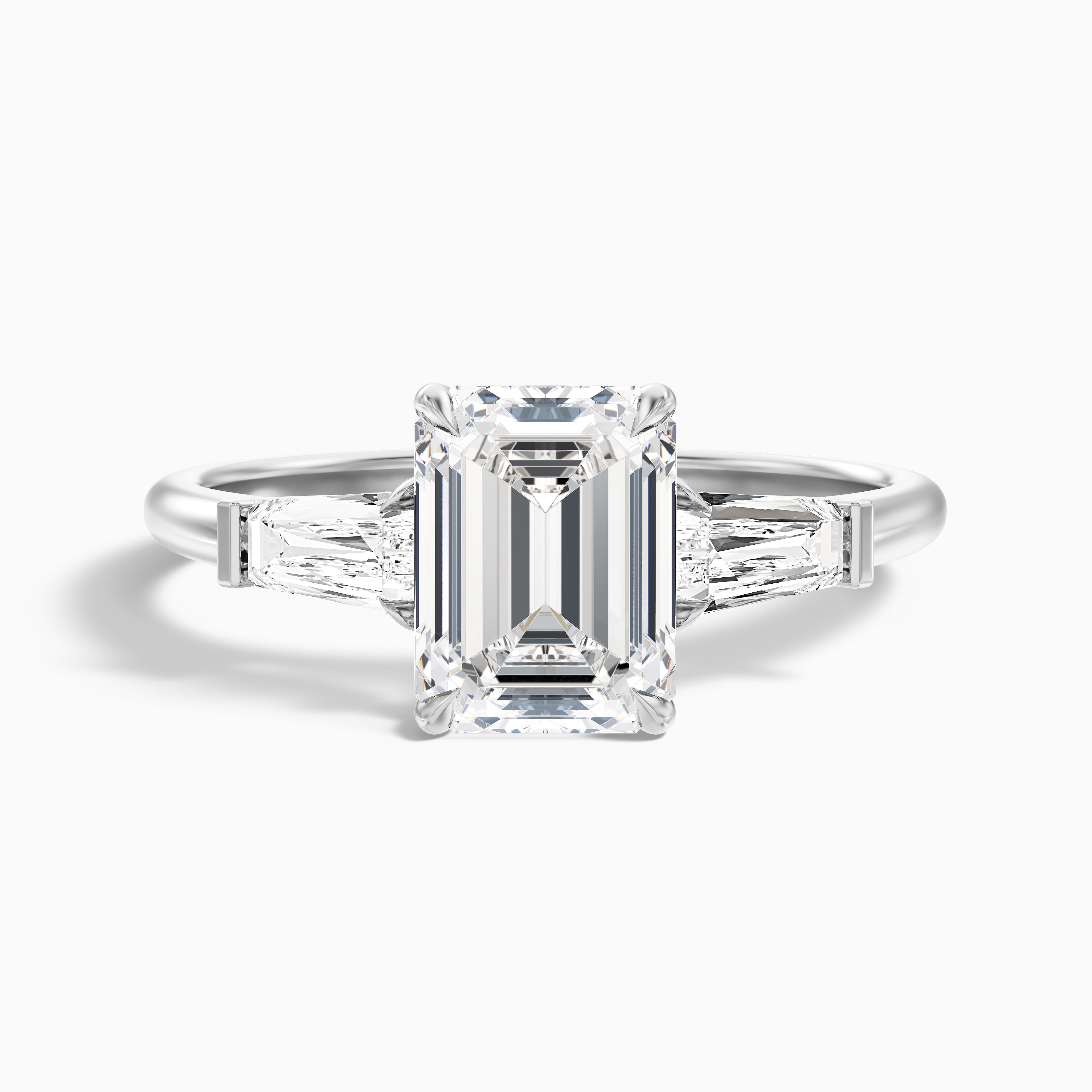 Melania 3 Carat Emerald with Tapered Baguette Cut Lab Grown Engagement Ring in 18k White Gold