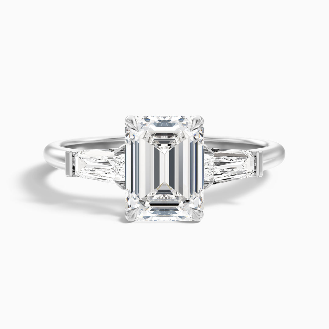 Huma 4 Carat Emerald Cut Moissanite 3 Stone Engagement Ring with Baguette in 14k Yellow Gold