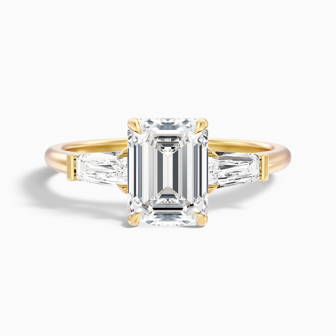 Huma 5 Carat Emerald Cut Moissanite 3 Stone Engagement Ring with Baguette in 925 Sterling Silver