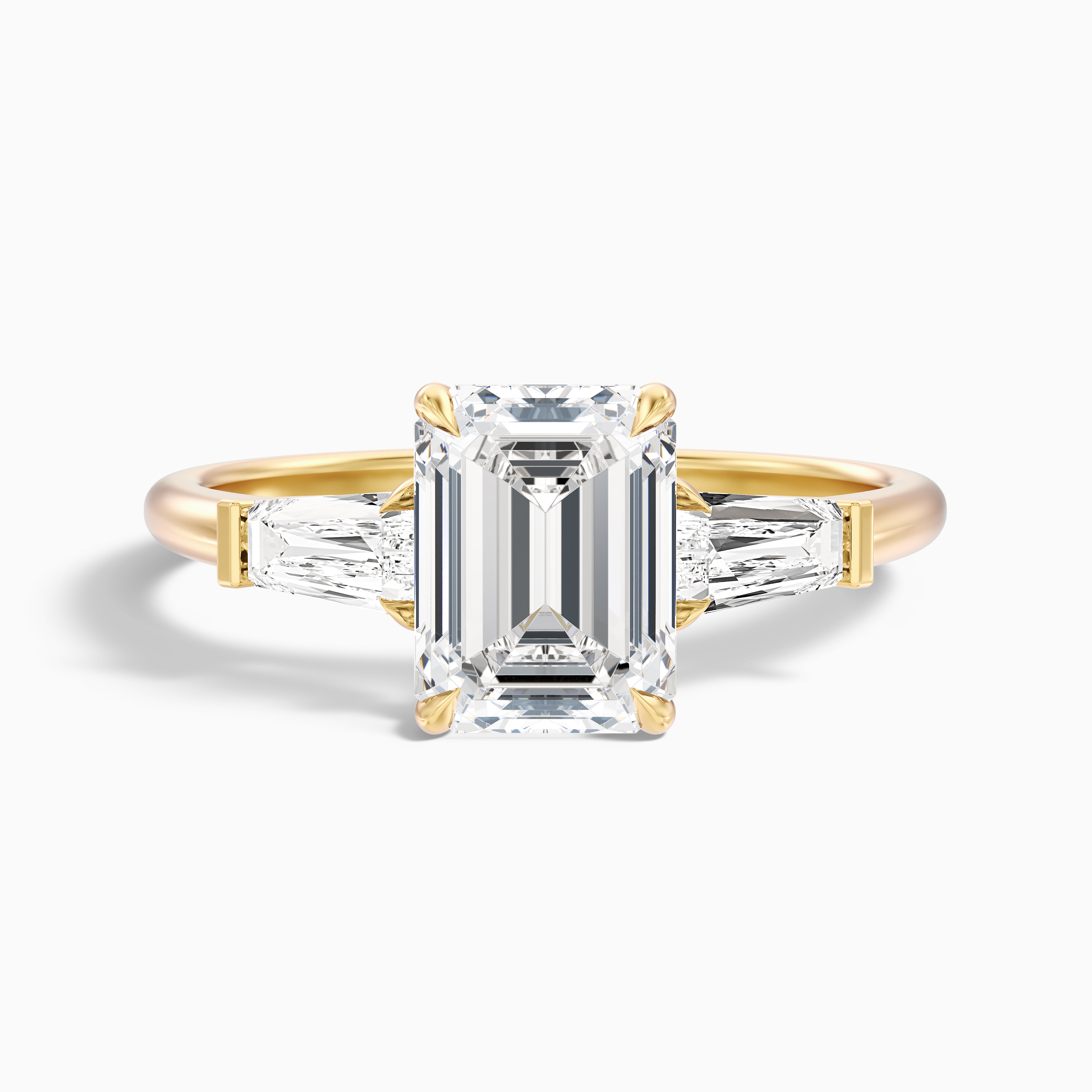 Melania 3 Carat Emerald with Tapered Baguette Cut Lab Grown Engagement Ring in 14k Yellow Gold