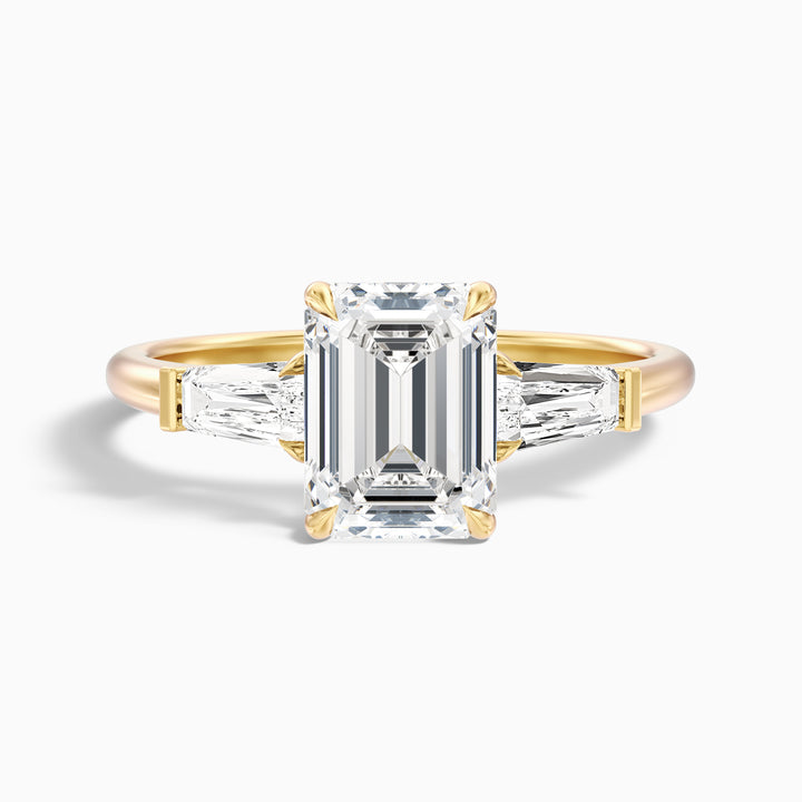 Huma 4 Carat Emerald Cut Moissanite 3 Stone Engagement Ring with Baguette in 10k Yellow Gold