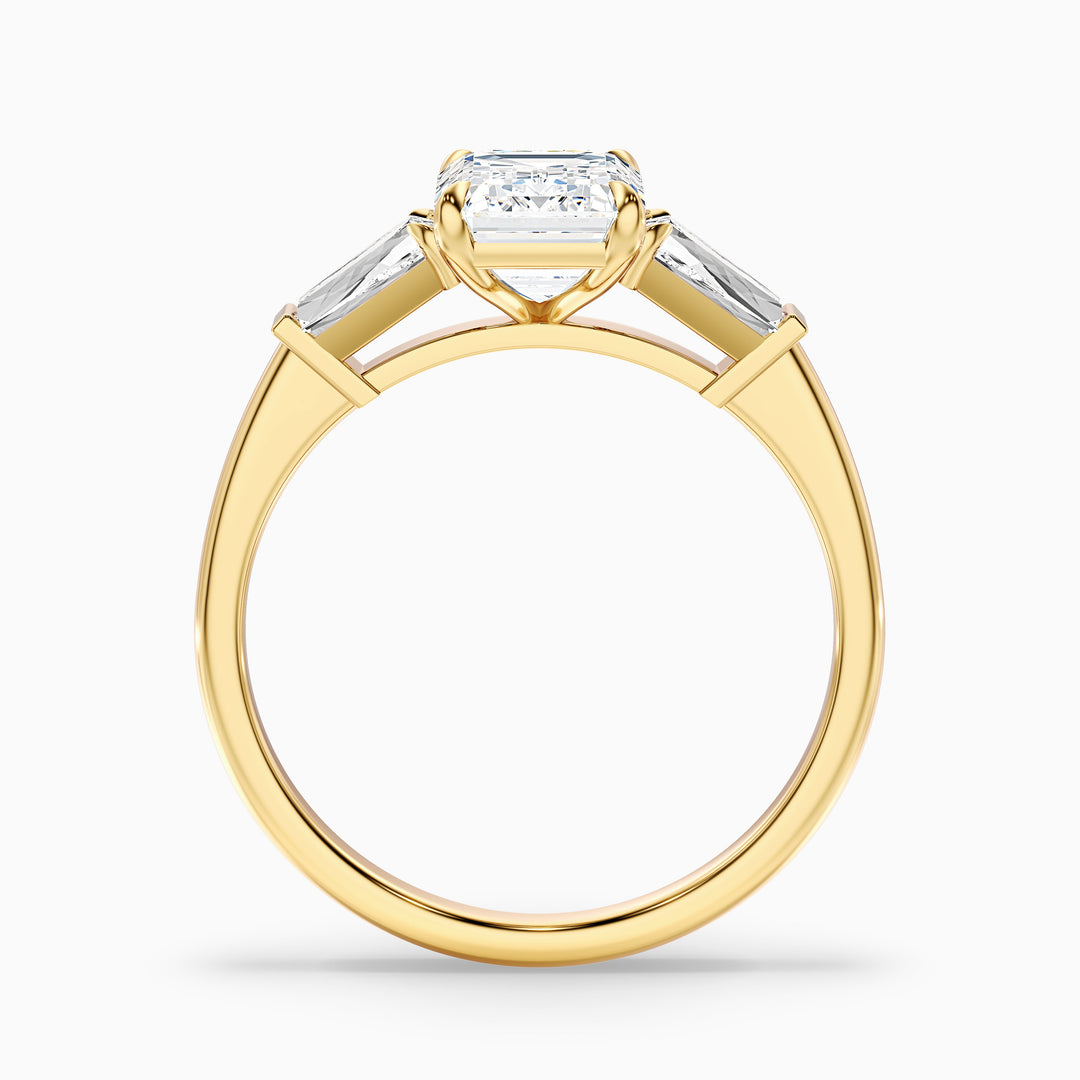 Huma 4 Carat Emerald Cut Moissanite 3 Stone Engagement Ring with Baguette in 10k Yellow Gold