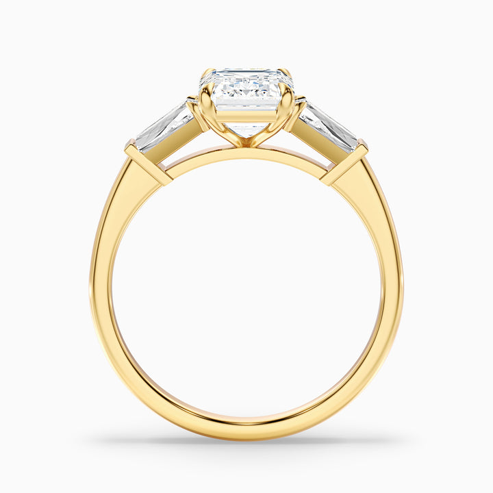 Huma 4 Carat Emerald Cut Moissanite 3 Stone Engagement Ring with Baguette in 10k Yellow Gold