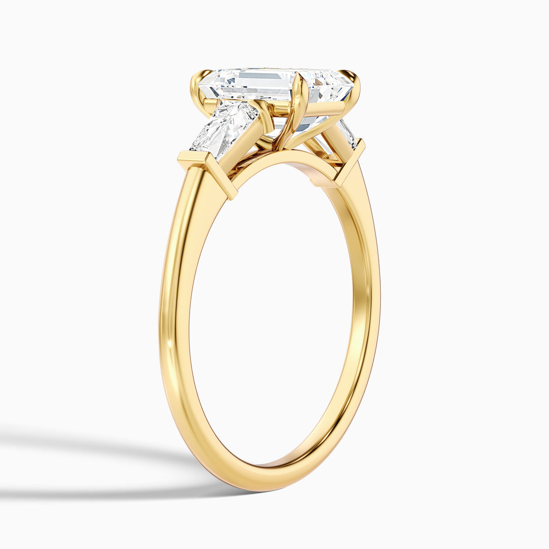 Huma 4 Carat Emerald Cut Moissanite 3 Stone Engagement Ring with Baguette in 10k Yellow Gold
