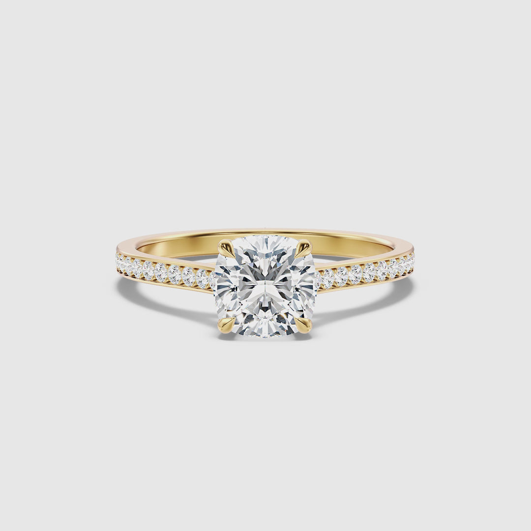 Siya 2.5 Carat Cushion Cut Side Stone Pave Lab Grown Engagement Ring in 14k Yellow Gold