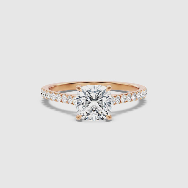 Mary 4 Carat Cushion Cut Side Stone Pave Moissanite Engagement Ring in 18k Rose Gold