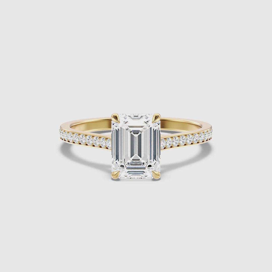 Faye 1 Carat Emerald Cut Side Stone Pave Lab Grown Engagement Ring in 10k Yellow Gold