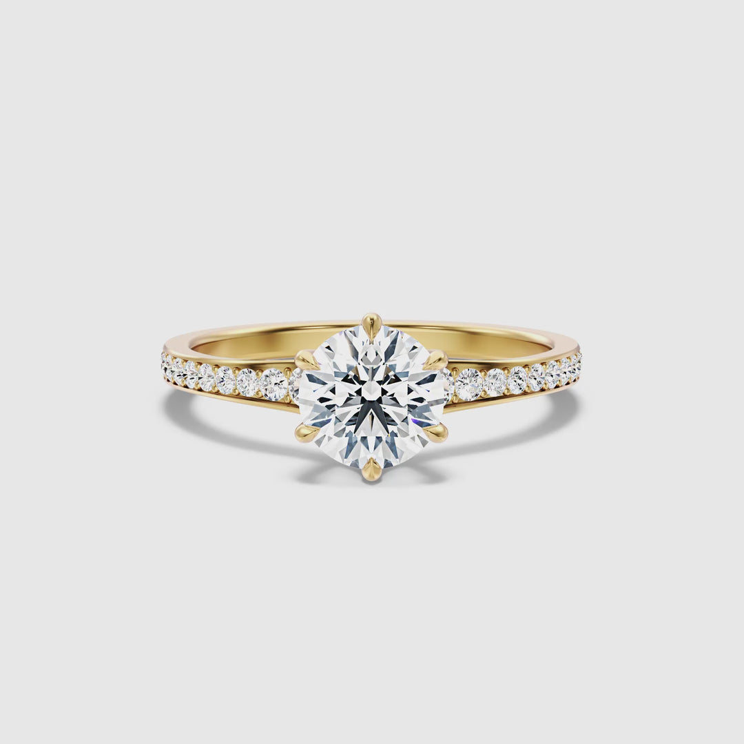 Carol 2 Carat Round Side Stone Pave Moissanite Engagement Ring in 10k Yellow Gold