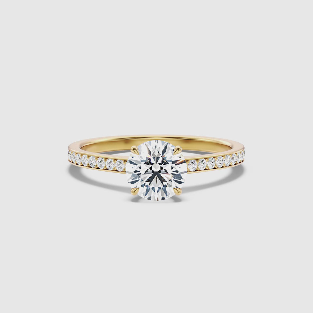 Kate 1 Carat Round Cut Side Stone Pave Lab Grown Engagement Ring in 18k Yellow Gold