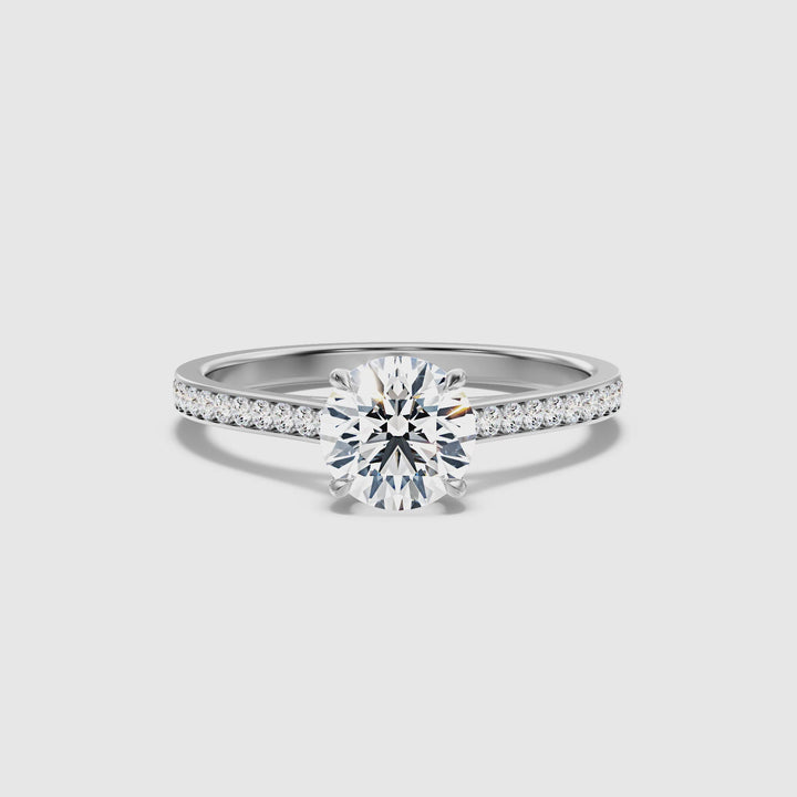 Mira 1 Carat Round Side Stone Pave Moissanite Engagement Ring in 14k White Gold