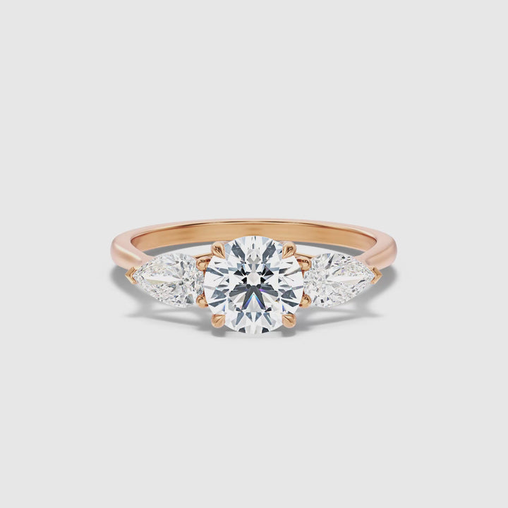 Kai 5 Carat Round 3 Stone Lab Grown Engagement Ring With Pear Side Stone in 10k Rose Gold