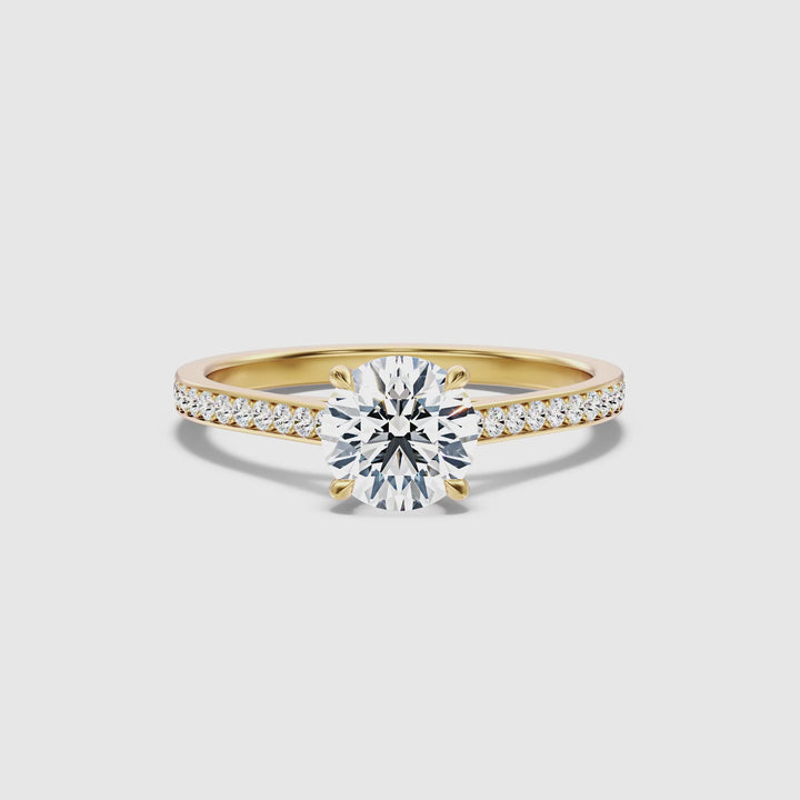 Nyra 2 Carat Round Cut Side Stone Pave Lab Grown Engagement Ring in 18k Yellow Gold