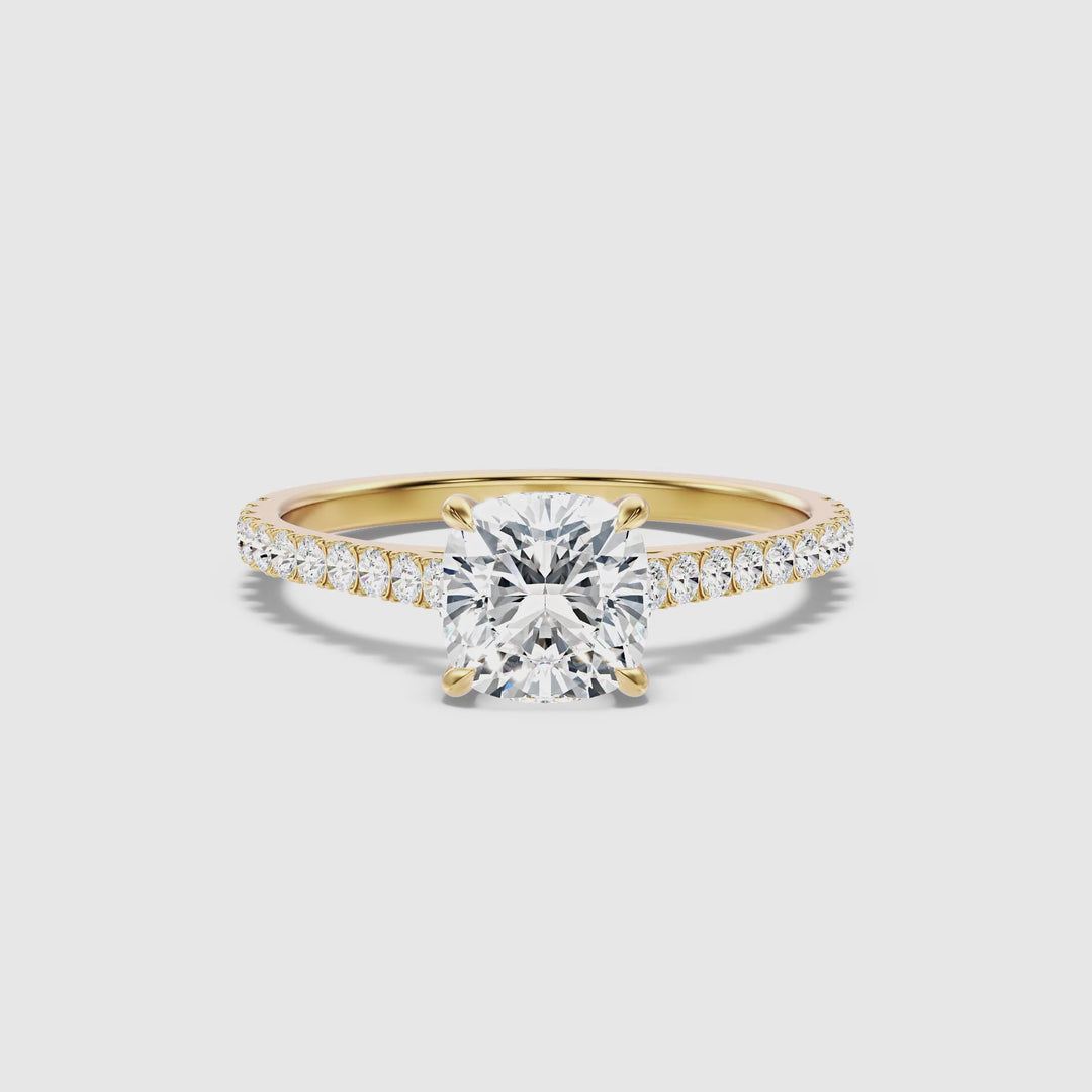 Mary 1 Carat Cushion Cut Side Stone Pave Moissanite Engagement Ring in 14k Yellow Gold