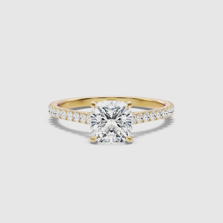 Mary 1 Carat Cushion Cut Side Stone Pave Moissanite Engagement Ring in 14k Yellow Gold