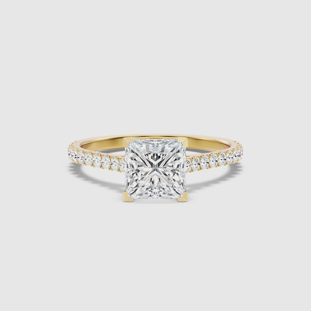 Iva 3.5 Carat Princess Cut Side Stone Pave Lab Grown Diamond Ring in 14k Yellow Gold