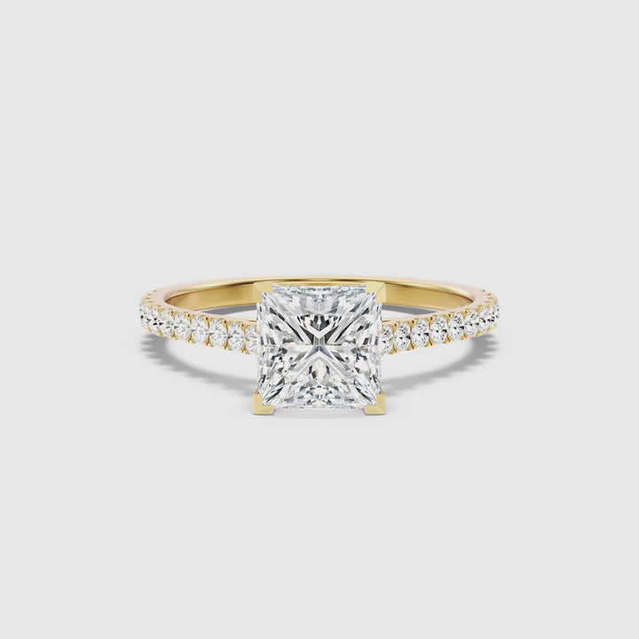 Iva 3.5 Carat Princess Cut Side Stone Pave Lab Grown Diamond Ring in 14k Yellow Gold