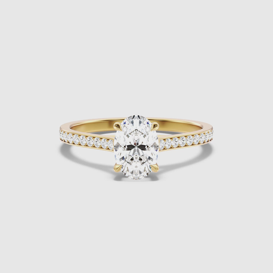 Sky 1 Carat Oval Cut Side Stone Pave Lab Grown Engagement Ring in 18k Yellow Gold