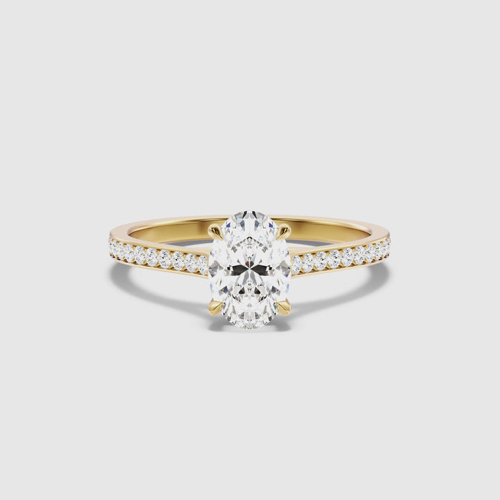 Sky 1 Carat Oval Cut Side Stone Pave Lab Grown Engagement Ring in 18k Yellow Gold