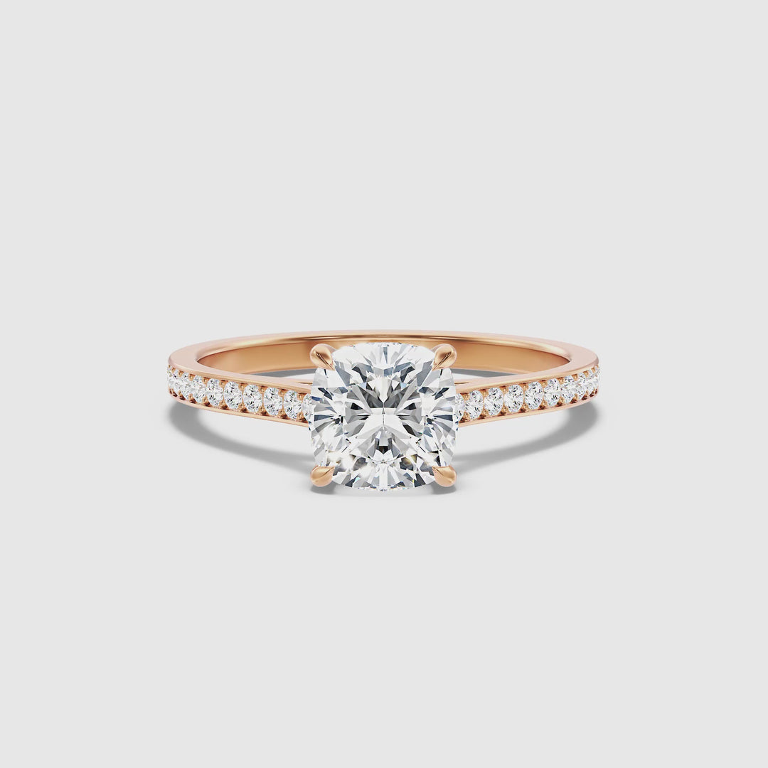 Eva 1 Carat Cushion Cut Side Stone Pave Lab Grown Engagement Ring in 10k Rose Gold