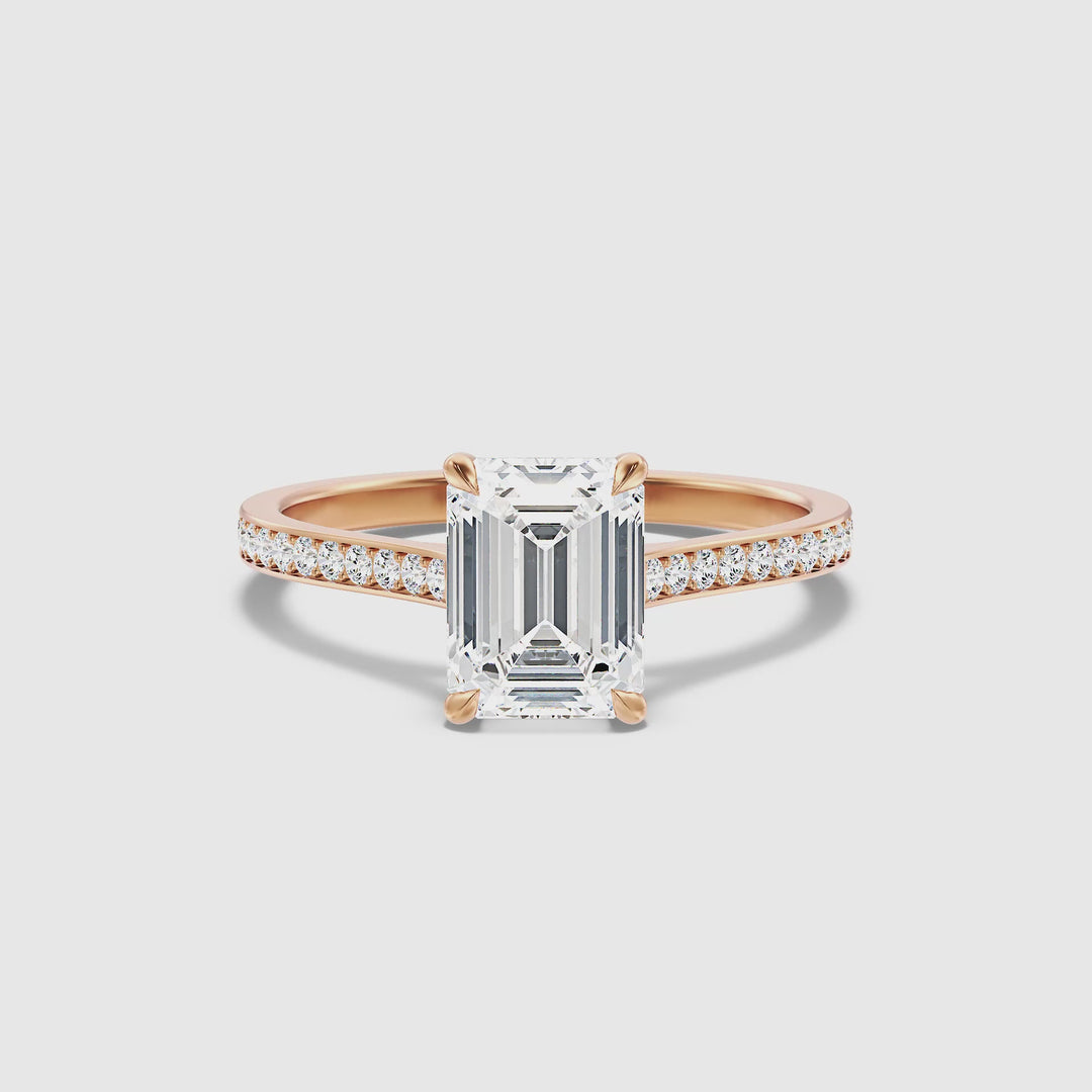 Chase 3.5 Carat Emerald Cut Side Stone Pave Moissanite Engagement Ring in 18k Rose Gold