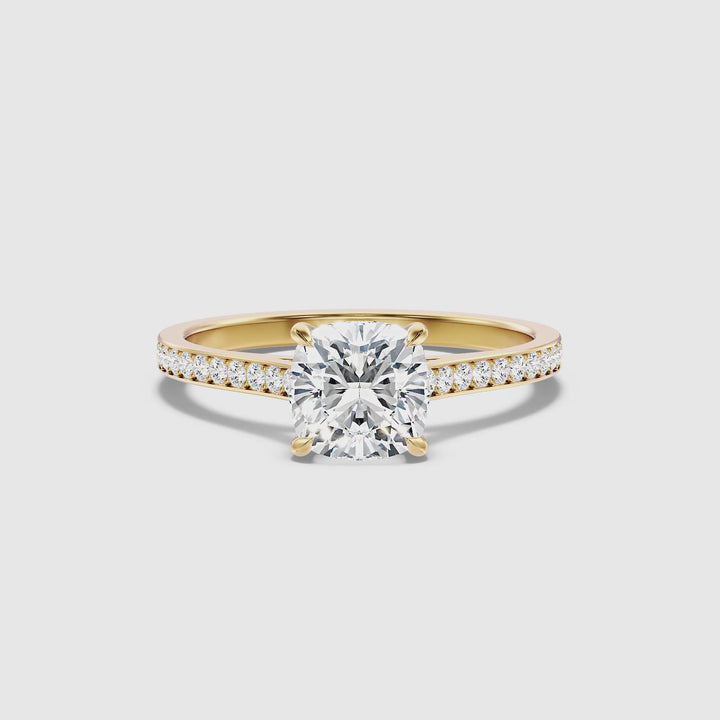 Eva 4.5 Carat Cushion Cut Side Stone Pave Lab Grown Engagement Ring in 18k Yellow Gold