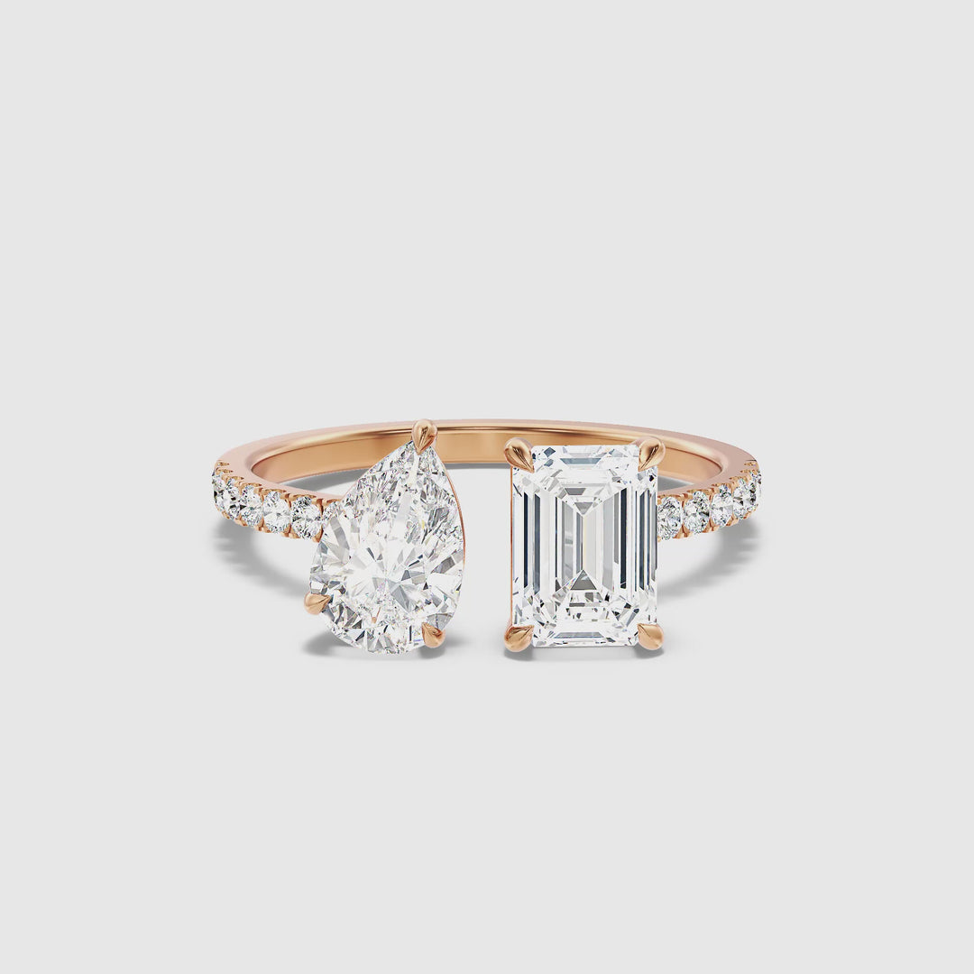 Katie Toi Et Moi Ring in 14k Rose Gold With Pear and Emerald Two Stone Moissanite Diamond (2 Ct. Tw.)